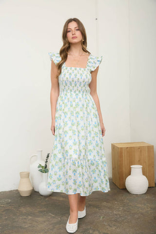 Floral Tile Pattern Smocked Sleeveless Midi Dress