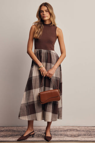 Mock Neck Mixed Media Plaid Midi Dress FD0068