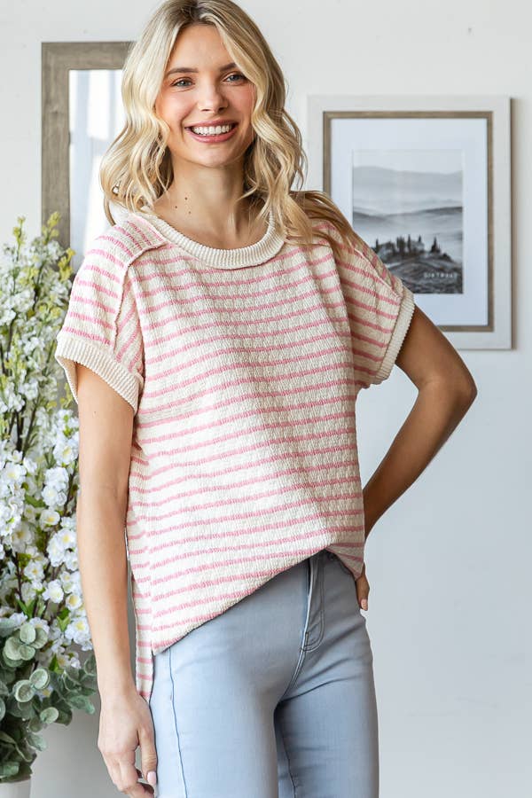 Stripe Textured Side Slit Short Sleeve Top