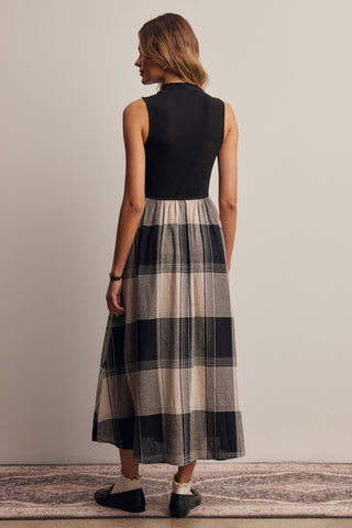 Mock Neck Mixed Media Plaid Midi Dress FD0068