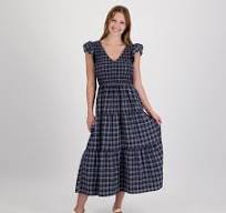 Plaid V Neck Smocked Tiered Navy Dress