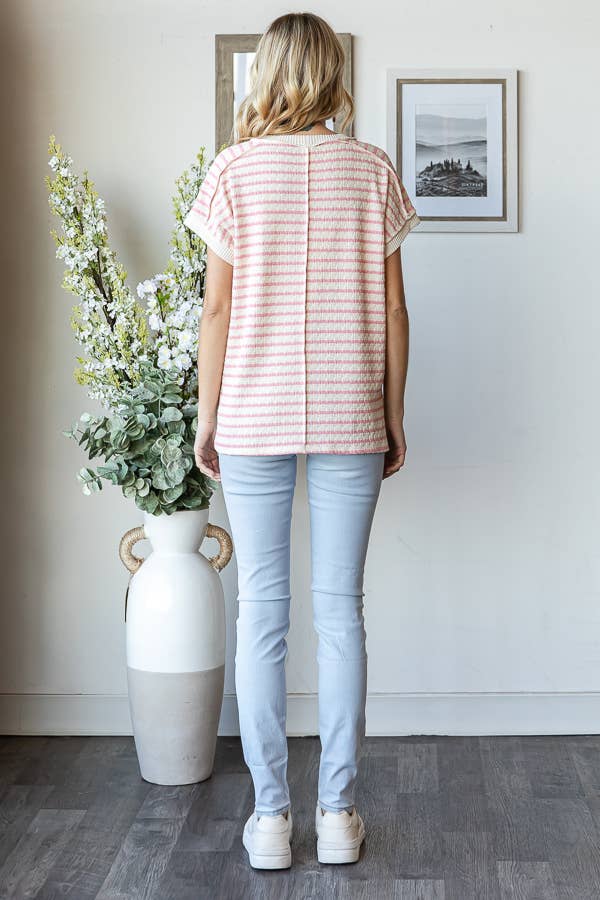 Stripe Textured Side Slit Short Sleeve Top