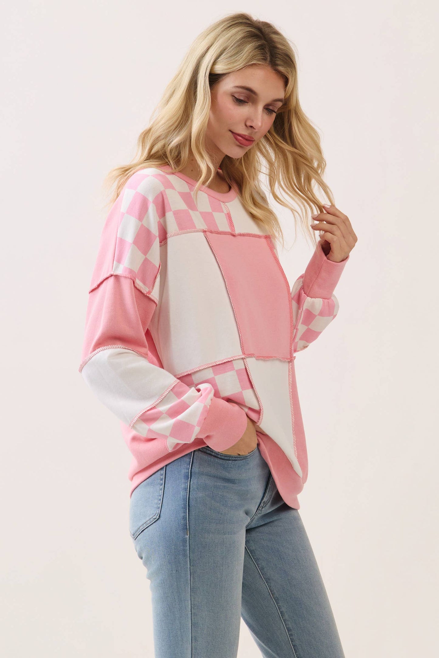 Checkered Print Patchwork pullover top