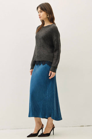 SCALLOPED LACE HEM CREW NECK WOOL BLENDED SWEATER