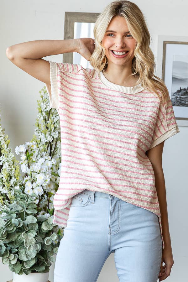 Stripe Textured Side Slit Short Sleeve Top