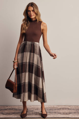 Mock Neck Mixed Media Plaid Midi Dress FD0068