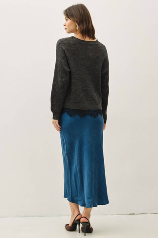SCALLOPED LACE HEM CREW NECK WOOL BLENDED SWEATER