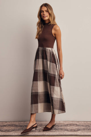 Mock Neck Mixed Media Plaid Midi Dress FD0068