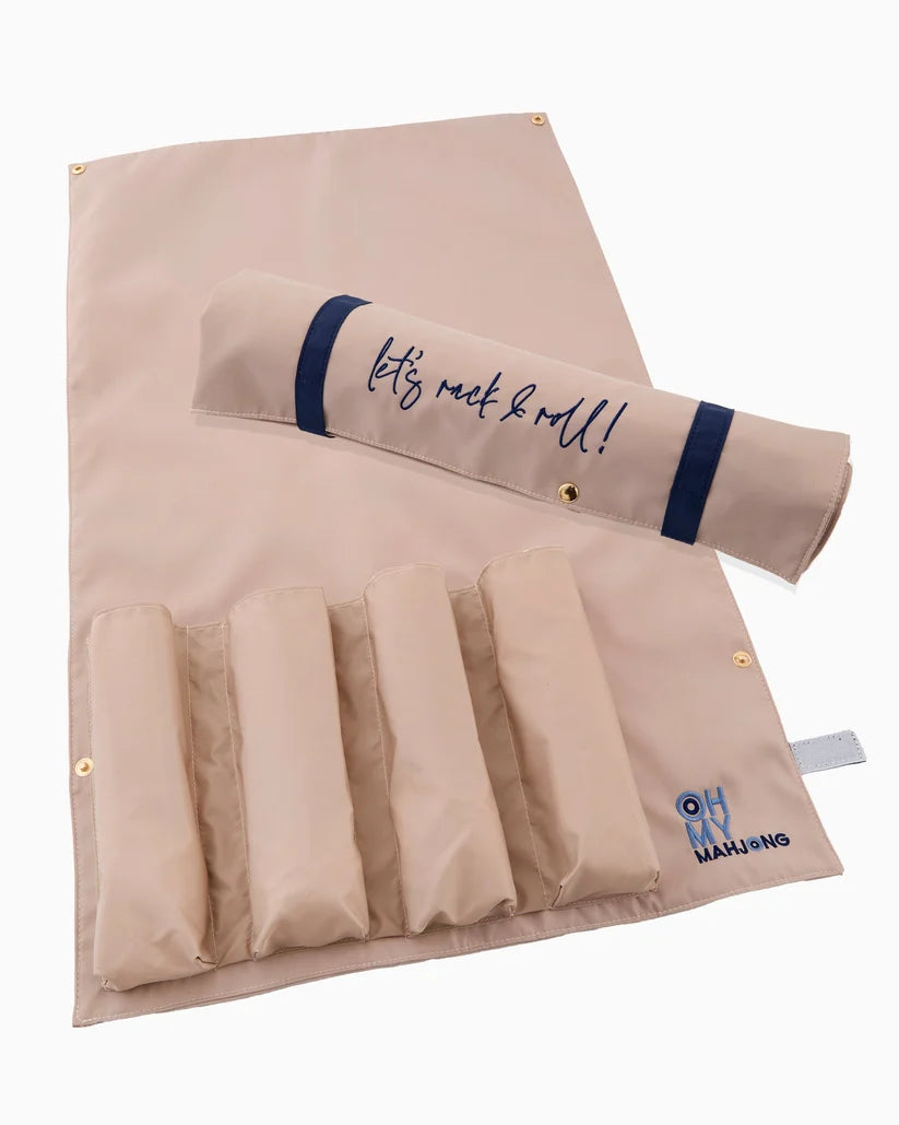 A beige roll-up sleeve with four rod holders, shown partially unrolled on a white background. A matching rolled section lies on top, printed with the phrase 'let's rock & roll!' in navy script with navy blue side bands.