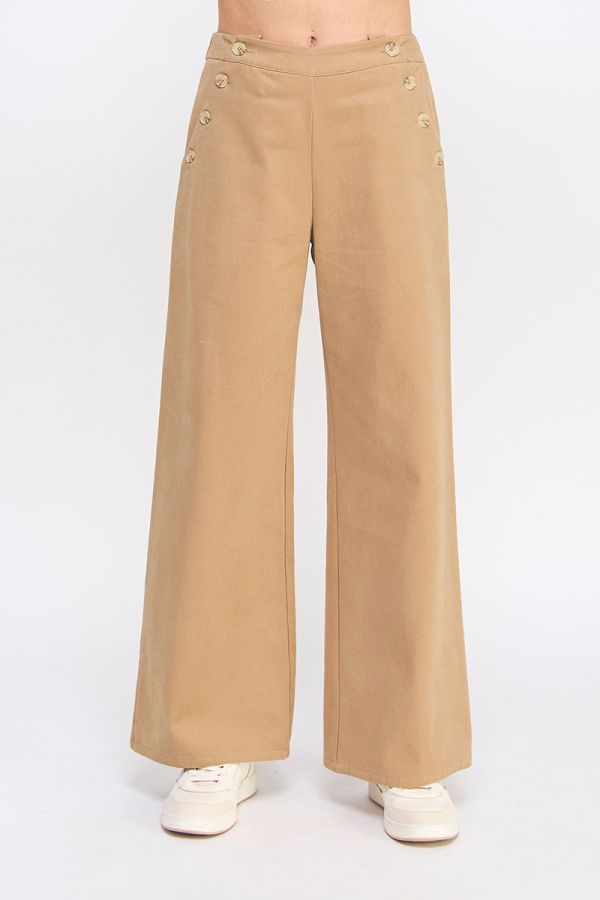 Tan wide-leg pants with button details on a white background